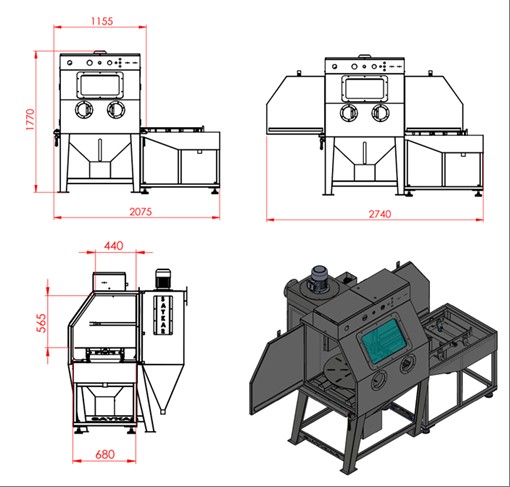 Rotary Table and Loading Stand — four-view technical drawing