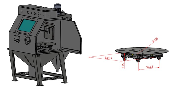Rotary Table and Loading Stand — isometric view and table dimensions